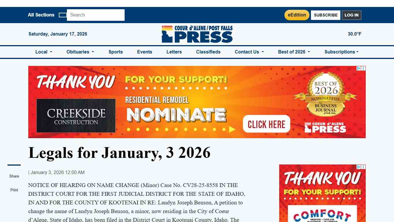 Legals for January, 3 2026 | Coeur d'Alene Press